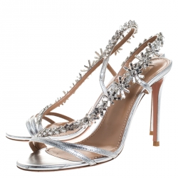 Pre Owned Aquazzura Metallic Silver Leather Crystal Embellished Chateau Slingback Sandals Size 38