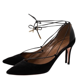 Pre Owned Aquazzura Black Suede Leather Ankle Wrap Pointed Toe Pumps Size 39