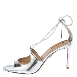 Pre Owned Aquazzura Metallic Silver Leather Sofia Sandals Size 38