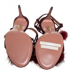 Pre Owned Aquazzura Burgundy Fur And Suede Wild Russian Open Toe Ankle Wrap Sandals Size 38.5