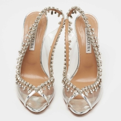 Pre Owned Aquazzura Silver Leather and PVC Temptation Slingback Pumps Size 38