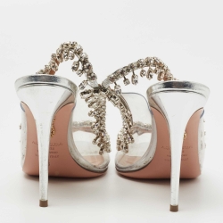 Pre Owned Aquazzura Silver Leather and PVC Temptation Slingback Pumps Size 38