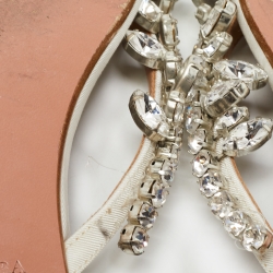 Pre Owned Aquazzura White Canvas Crystal Embellished Slide Flats Size 40