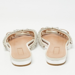 Pre Owned Aquazzura White Canvas Crystal Embellished Slide Flats Size 40