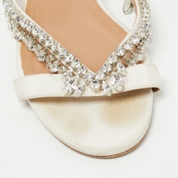 Pre Owned Aquazzura White Canvas Crystal Embellished Slide Flats Size 40