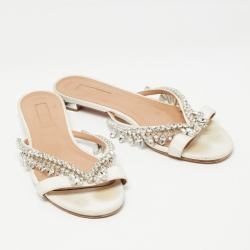 Pre Owned Aquazzura White Canvas Crystal Embellished Slide Flats Size 40