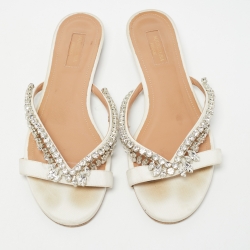 Pre Owned Aquazzura White Canvas Crystal Embellished Slide Flats Size 40