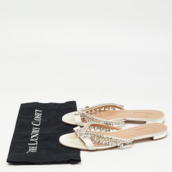 Pre Owned Aquazzura White Canvas Crystal Embellished Slide Flats Size 40