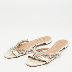 Pre Owned Aquazzura White Canvas Crystal Embellished Slide Flats Size 40