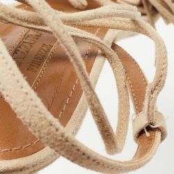 Pre Owned Aquazzura Beige Suede Wild Thing Fringe Ankle Wrap Sandals Size 39