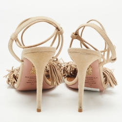 Pre Owned Aquazzura Beige Suede Wild Thing Fringe Ankle Wrap Sandals Size 39