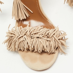 Pre Owned Aquazzura Beige Suede Wild Thing Fringe Ankle Wrap Sandals Size 39