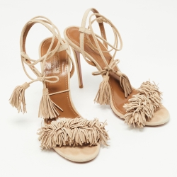 Pre Owned Aquazzura Beige Suede Wild Thing Fringe Ankle Wrap Sandals Size 39