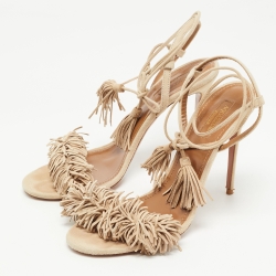 Pre Owned Aquazzura Beige Suede Wild Thing Fringe Ankle Wrap Sandals Size 39