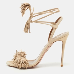 Pre Owned Aquazzura Beige Suede Wild Thing Fringe Ankle Wrap Sandals Size 39