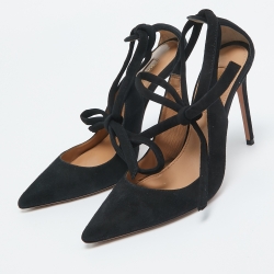 Pre Owned Aquazzura Black Suede Slingback Ankle Tie Pumps Size 35.5