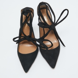 Pre Owned Aquazzura Black Suede Slingback Ankle Tie Pumps Size 35.5