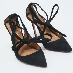 Pre Owned Aquazzura Black Suede Slingback Ankle Tie Pumps Size 35.5
