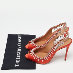 Pre Owned Aquazzura Orange Satin Crystal Embellished Slingback Pumps Size 39