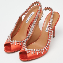 Pre Owned Aquazzura Orange Satin Crystal Embellished Slingback Pumps Size 39