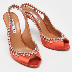 Pre Owned Aquazzura Orange Satin Crystal Embellished Slingback Pumps Size 39