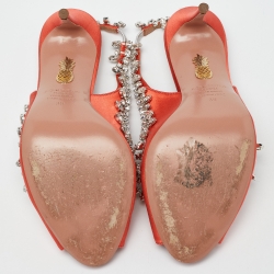 Pre Owned Aquazzura Orange Satin Crystal Embellished Slingback Pumps Size 39