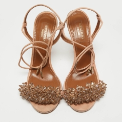 Pre Owned Aquazzura Pink Suede Crystal Embellished Monaco Sandals Size 36