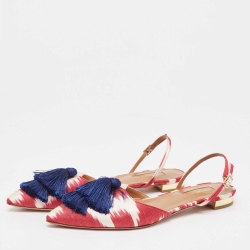 Pre Owned Aquazzura Burgundy/White Canvas Fringe Detail Slingback  Flats Size 38