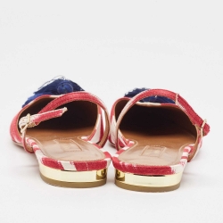 Pre Owned Aquazzura Burgundy/White Canvas Fringe Detail Slingback  Flats Size 38