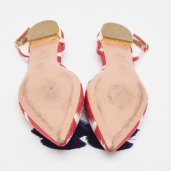 Pre Owned Aquazzura Burgundy/White Canvas Fringe Detail Slingback  Flats Size 38
