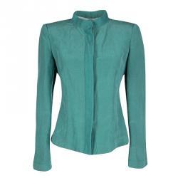 مملوكة مسبقًا طقم أرماني كالزوني تنورة مستقيمة وبليزر كتان حرير أزرق M