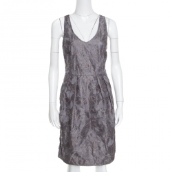 Pre Owned Armani Collezioni Grey Floral Embroidered Pleated Organza Dress L