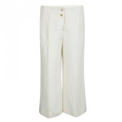 Pre Owned Armani Collezioni Cream Linen Silk High Waist Wide Leg Pants M