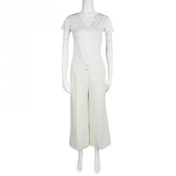 Pre Owned Armani Collezioni Cream Linen Silk High Waist Wide Leg Pants M