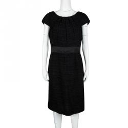 Pre Owned Armani Collezioni Black Textured Glitter Detail Cap Sleeve Dress L