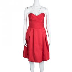 Pre Owned Armani Collezioni Red Pleated Satin Strapless Bustier Dress L
