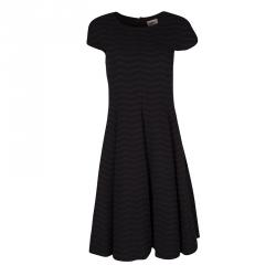 Pre Owned Armani Collezioni Black Chevron Pattern Textured Knit Fit and Flare Dress M