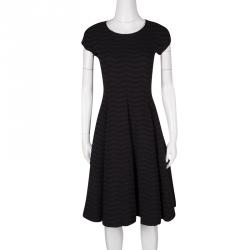 Pre Owned Armani Collezioni Black Chevron Pattern Textured Knit Fit and Flare Dress M