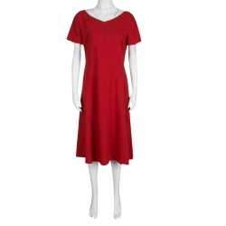 Pre Owned Armani Collezioni Red Wool Godet Midi Dress L