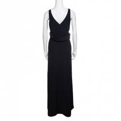 Pre Owned Armani Collezioni Navy Blue Draped Waist Sleeveless Maxi Dress S