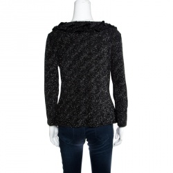 Pre Owned Armani Collezioni Black Glitter Ruffled Neckline Floral Applique Detail Top L