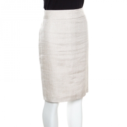 Pre Owned Armani Collezioni Beige Textured Linen Fitted Pencil Skirt S