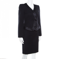 Pre Owned Armani Collezioni Navy Blue Textured Satin Trim Detail Tailored Skirt Suit S