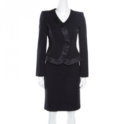 Pre Owned Armani Collezioni Navy Blue Textured Satin Trim Detail Tailored Skirt Suit S