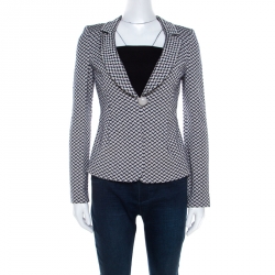Pre Owned Armani Collezioni Navy Blue Patterned Stretch Cotton Single Button Cropped Blazer S
