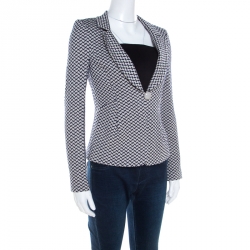 Pre Owned Armani Collezioni Navy Blue Patterned Stretch Cotton Single Button Cropped Blazer S