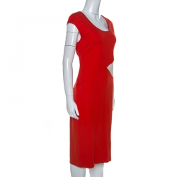 Pre Owned Armani Collezioni Red Stretch Knit Contrast Detail Midi Dress L