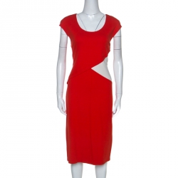 Pre Owned Armani Collezioni Red Stretch Knit Contrast Detail Midi Dress L