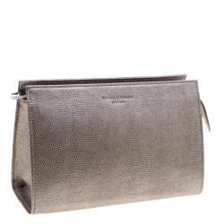Aspinal Of London Grey Glossy Lizard Print Leather Medium Cosmetic Pouch