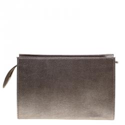 Aspinal Of London Grey Glossy Lizard Print Leather Medium Cosmetic Pouch